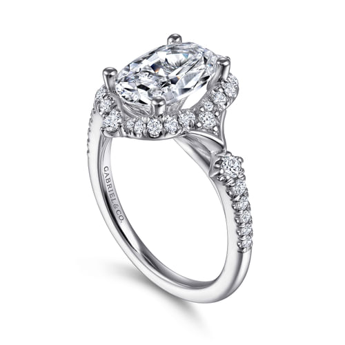 Unique 14K White Gold Vintage Inspired Oval Halo Diamond Engagement Ring