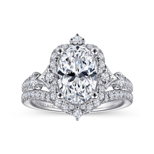 Unique 14K White Gold Vintage Inspired Oval Halo Diamond Engagement Ring