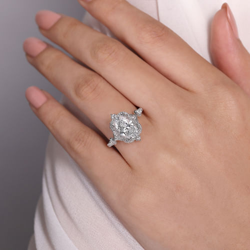 Unique 14K White Gold Vintage Inspired Oval Halo Diamond Engagement Ring