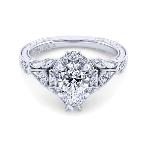 Unique 14K White Gold Vintage Inspired Pear Shape Diamond Halo Engagement Ring