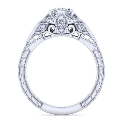 Unique 14K White Gold Vintage Inspired Pear Shape Diamond Halo Engagement Ring