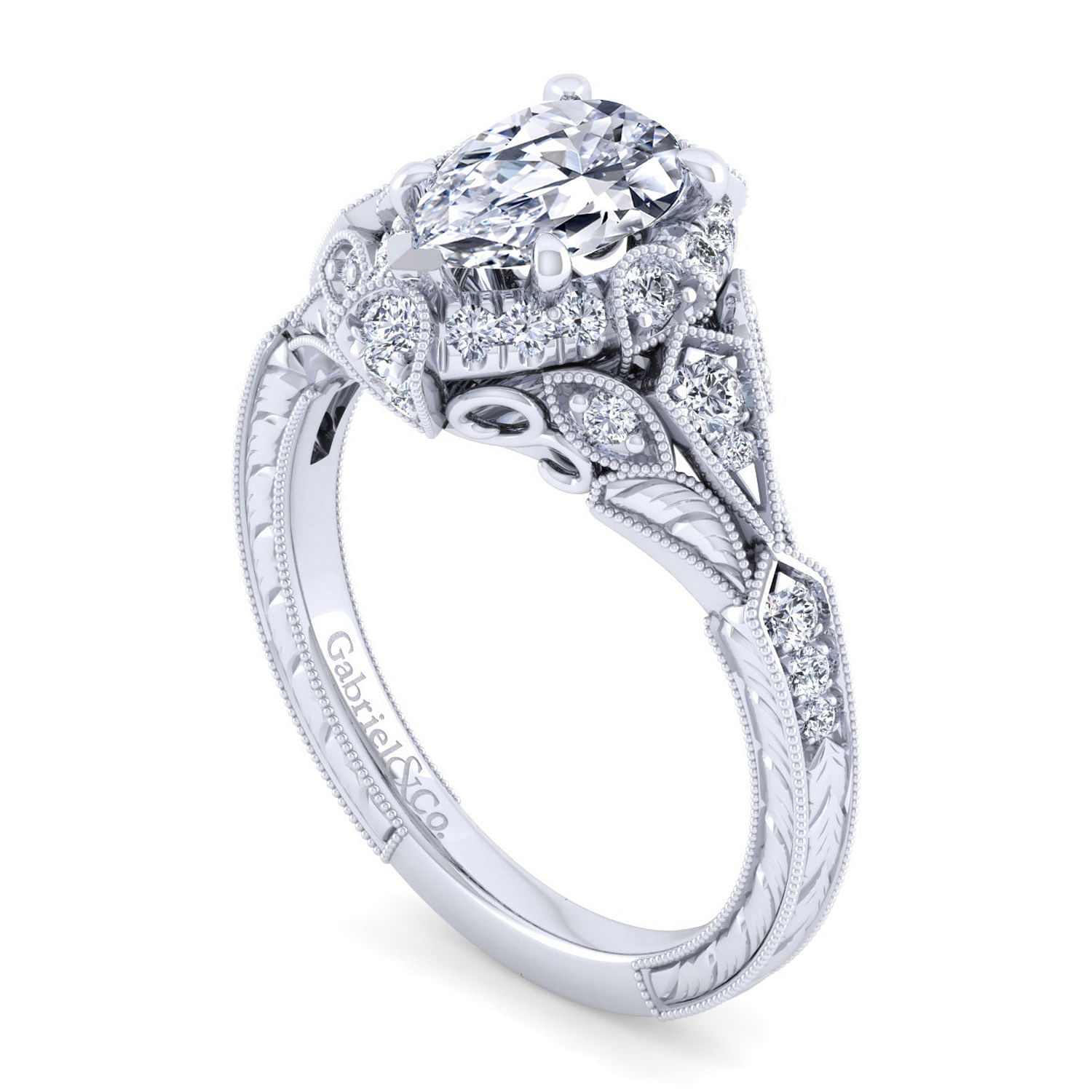 Unique 14K White Gold Vintage Inspired Pear Shape Diamond Halo Engagement Ring
