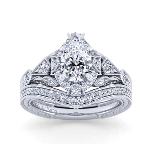 Unique 14K White Gold Vintage Inspired Pear Shape Diamond Halo Engagement Ring
