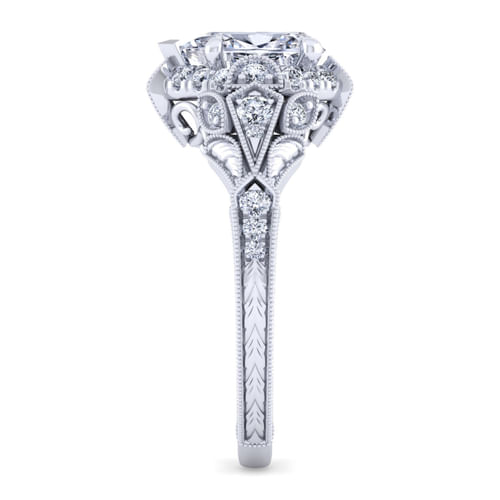 Unique 14K White Gold Vintage Inspired Pear Shape Diamond Halo Engagement Ring
