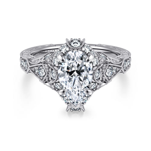 Unique 14K White Gold Vintage Inspired Pear Shape Diamond Halo Engagement Ring