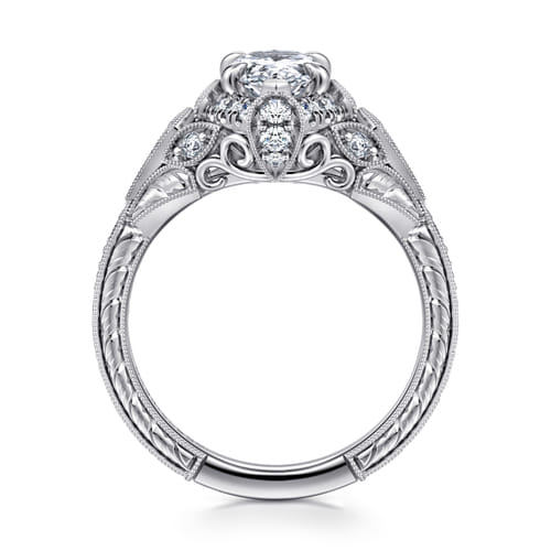 Unique 14K White Gold Vintage Inspired Pear Shape Diamond Halo Engagement Ring