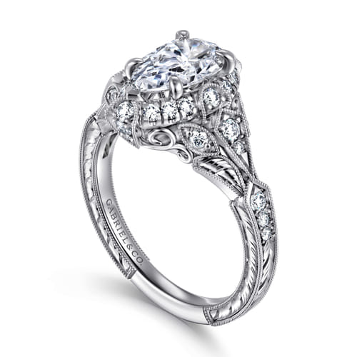 Unique 14K White Gold Vintage Inspired Pear Shape Diamond Halo Engagement Ring