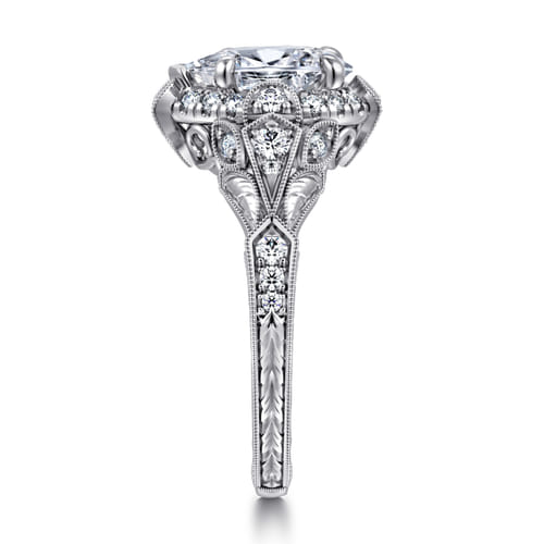 Unique 14K White Gold Vintage Inspired Pear Shape Diamond Halo Engagement Ring