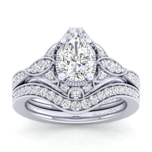 Unique 14K White Gold Vintage Inspired Pear Shape Diamond Halo Engagement Ring