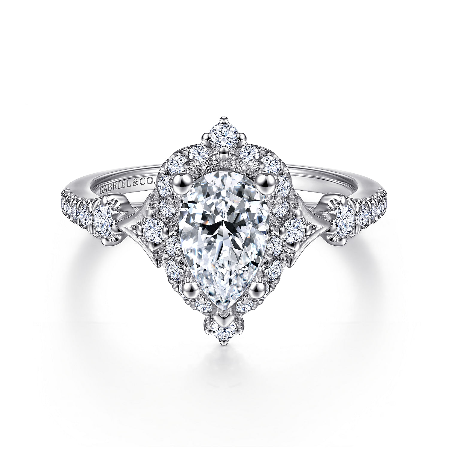 Gabriel - Unique 14K White Gold Vintage Inspired Pear Shape Halo Diamond Engagement Ring
