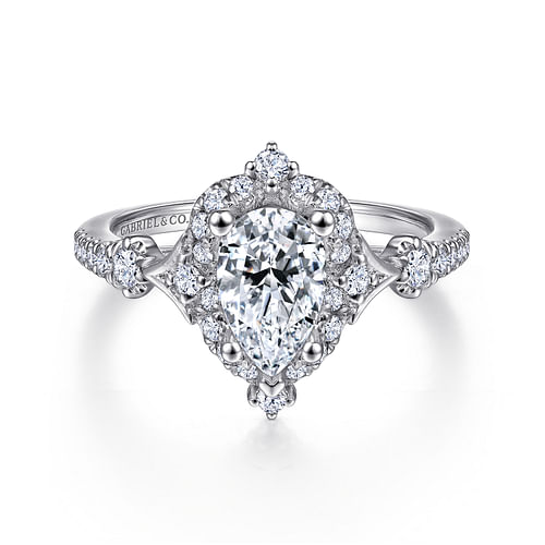 Unique 14K White Gold Vintage Inspired Pear Shape Halo Diamond Engagement Ring