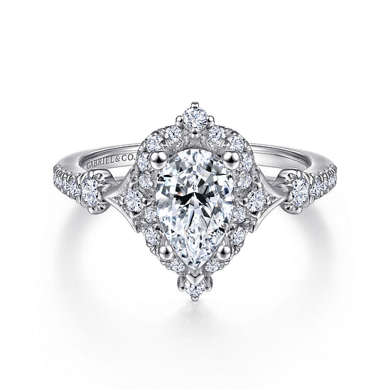 Gabriel - Unique 14K White Gold Vintage Inspired Pear Shape Halo Diamond Engagement Ring