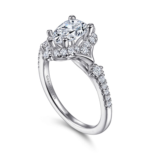 Unique 14K White Gold Vintage Inspired Pear Shape Halo Diamond Engagement Ring