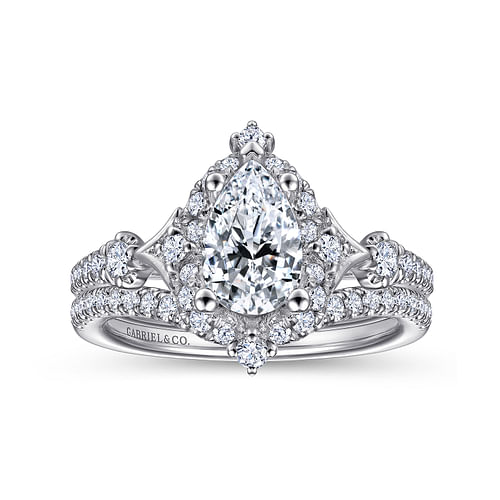 Unique 14K White Gold Vintage Inspired Pear Shape Halo Diamond Engagement Ring