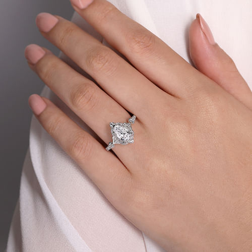 Unique 14K White Gold Vintage Inspired Pear Shape Halo Diamond Engagement Ring