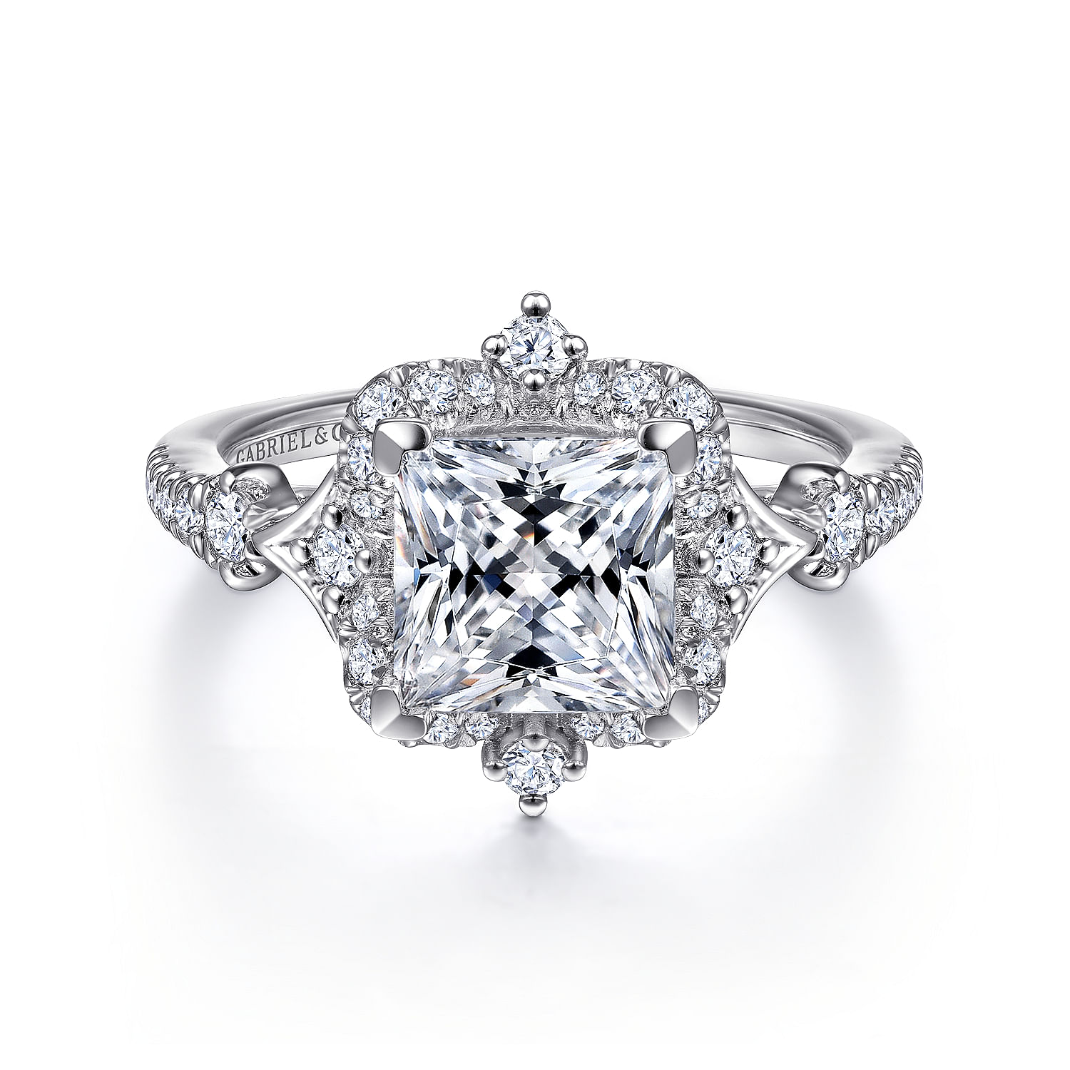 Gabriel - Unique 14K White Gold Vintage Inspired Princess Cut Halo Diamond Engagement Ring