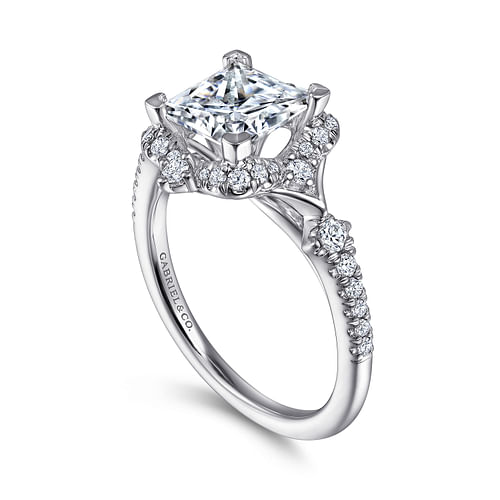 Unique 14K White Gold Vintage Inspired Princess Cut Halo Diamond Engagement Ring