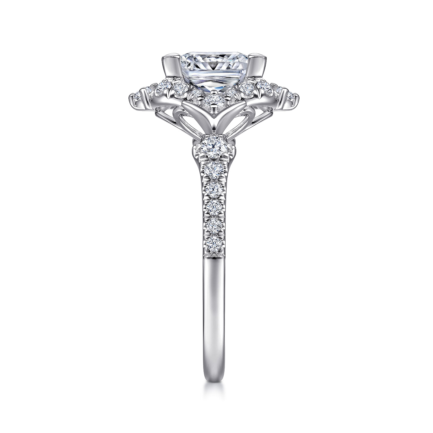 Unique 14K White Gold Vintage Inspired Princess Cut Halo Diamond Engagement Ring