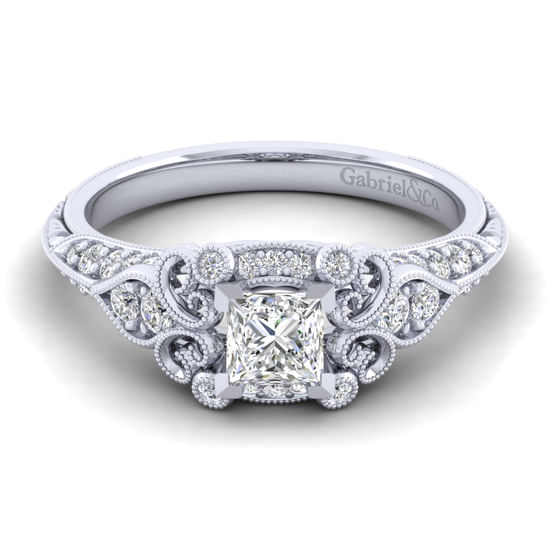 Gabriel - Unique 14K White Gold Vintage Inspired Princess Halo Diamond Engagement Ring