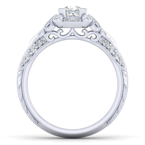 Unique 14K White Gold Vintage Inspired Princess Halo Diamond Engagement Ring