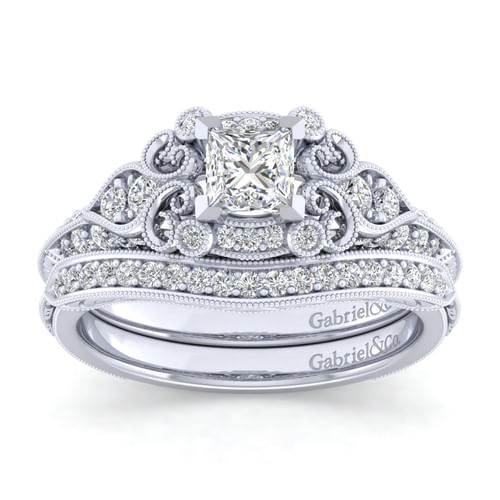 Unique 14K White Gold Vintage Inspired Princess Halo Diamond Engagement Ring