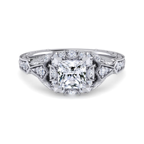 Unique 14K White Gold Vintage Inspired Princess Halo Diamond Engagement Ring