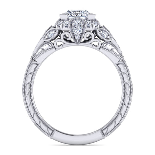 Unique 14K White Gold Vintage Inspired Princess Halo Diamond Engagement Ring