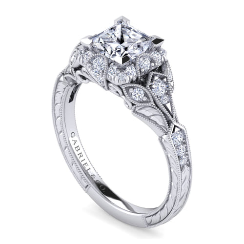 Unique 14K White Gold Vintage Inspired Princess Halo Diamond Engagement Ring
