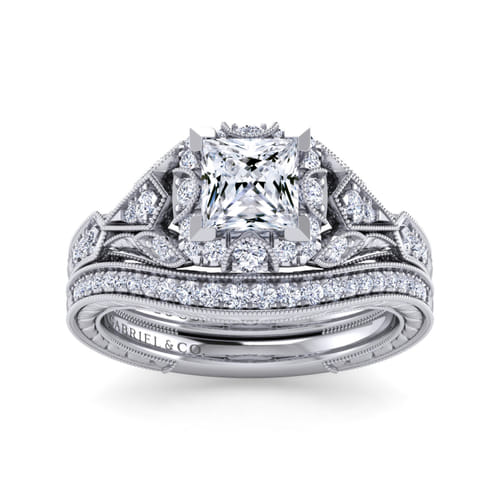 Unique 14K White Gold Vintage Inspired Princess Halo Diamond Engagement Ring