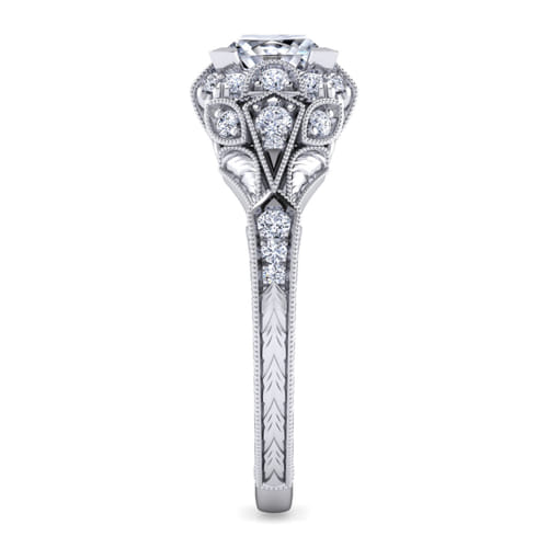 Unique 14K White Gold Vintage Inspired Princess Halo Diamond Engagement Ring
