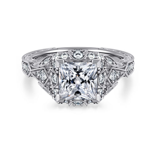 Unique 14K White Gold Vintage Inspired Princess Halo Diamond Engagement Ring Unique 14K White Gold Vintage Inspired Princess Halo Diamond Engagement Ring