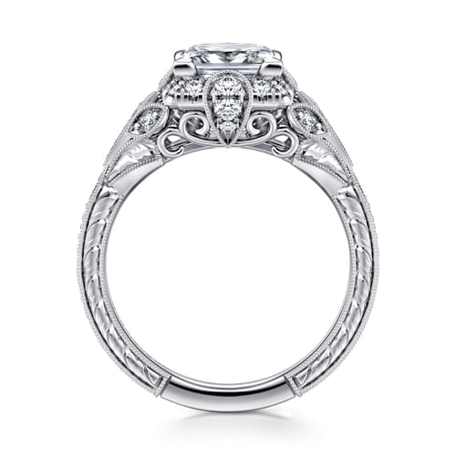 Unique 14K White Gold Vintage Inspired Princess Halo Diamond Engagement Ring Unique 14K White Gold Vintage Inspired Princess Halo Diamond Engagement Ring