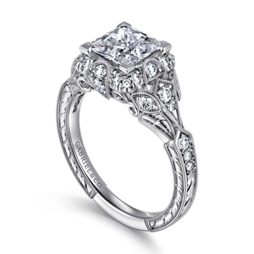 Unique 14K White Gold Vintage Inspired Princess Halo Diamond Engagement Ring Unique 14K White Gold Vintage Inspired Princess Halo Diamond Engagement Ring
