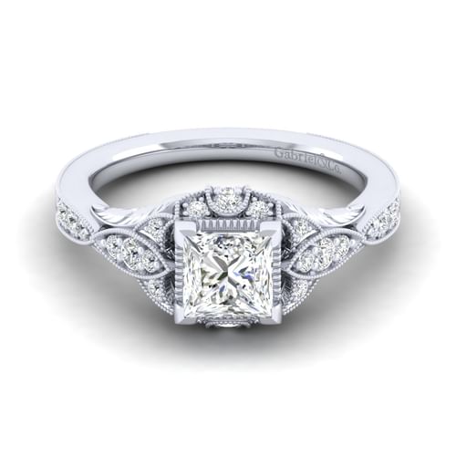 Unique 14K White Gold Vintage Inspired Princess Halo Diamond Engagement Ring