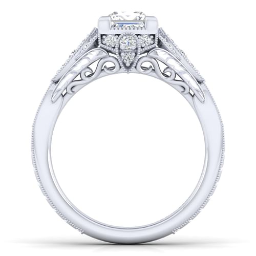 Unique 14K White Gold Vintage Inspired Princess Halo Diamond Engagement Ring