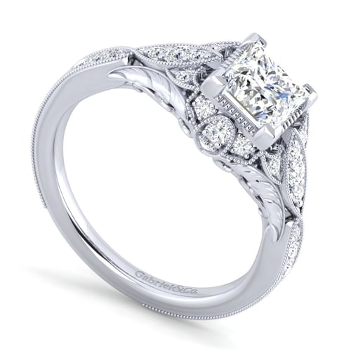 Unique 14K White Gold Vintage Inspired Princess Halo Diamond Engagement Ring