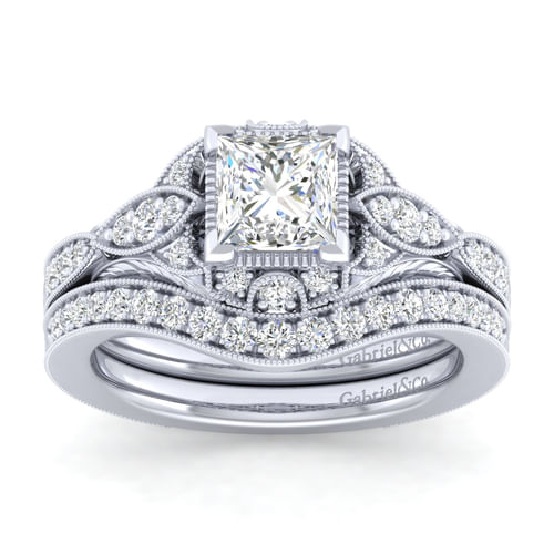 Unique 14K White Gold Vintage Inspired Princess Halo Diamond Engagement Ring