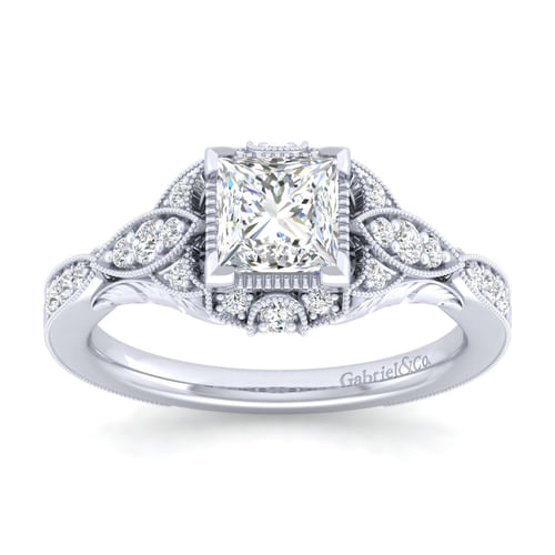 Unique 14K White Gold Vintage Inspired Princess Halo Diamond Engagement Ring