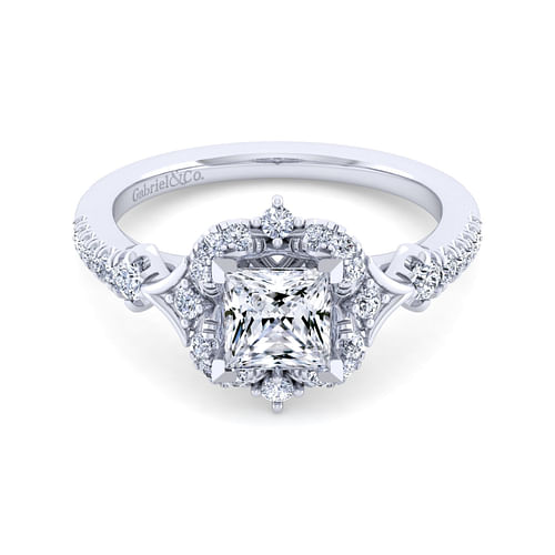 Unique 14K White Gold Vintage Inspired Princess Halo Diamond Engagement Ring