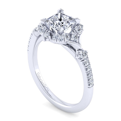 Unique 14K White Gold Vintage Inspired Princess Halo Diamond Engagement Ring