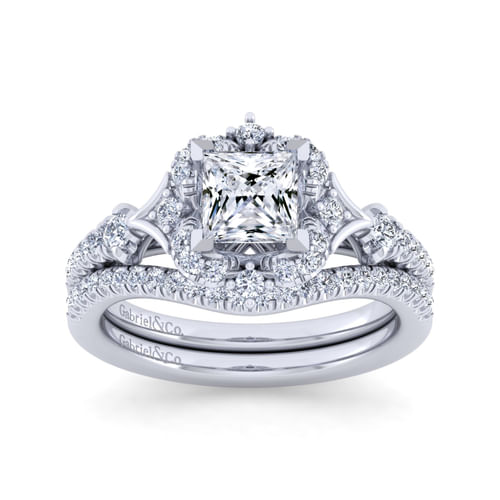 Unique 14K White Gold Vintage Inspired Princess Halo Diamond Engagement Ring