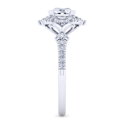 Unique 14K White Gold Vintage Inspired Princess Halo Diamond Engagement Ring