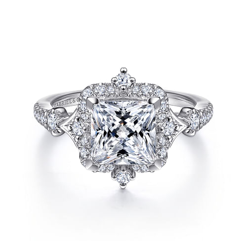 Unique 14K White Gold Vintage Inspired Princess Halo Diamond Engagement Ring