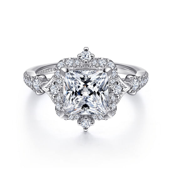 Gabriel - Unique 14K White Gold Vintage Inspired Princess Halo Diamond Engagement Ring