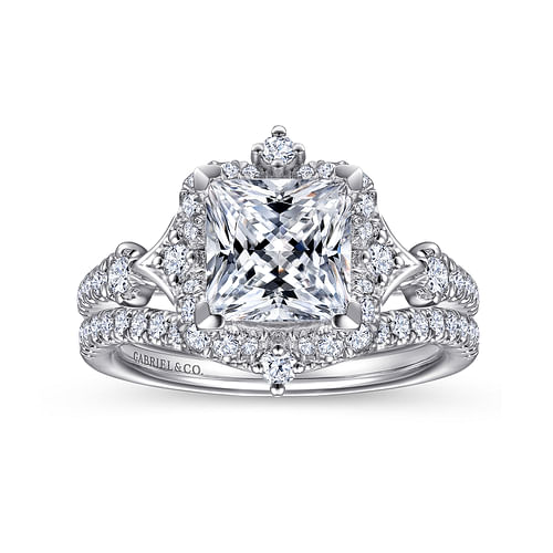 Unique 14K White Gold Vintage Inspired Princess Halo Diamond Engagement Ring