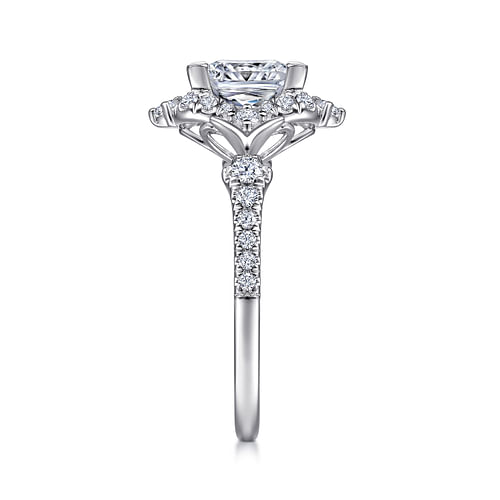 Unique 14K White Gold Vintage Inspired Princess Halo Diamond Engagement Ring
