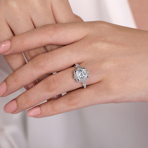 Unique 14K White Gold Vintage Inspired Princess Halo Diamond Engagement Ring