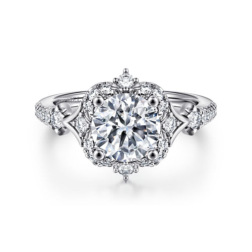 Unique 14K White Gold Vintage Inspired Round Halo Diamond Engagement Ring