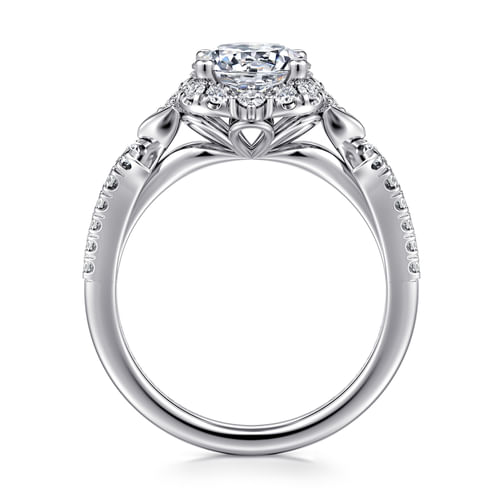Unique 14K White Gold Vintage Inspired Round Halo Diamond Engagement Ring