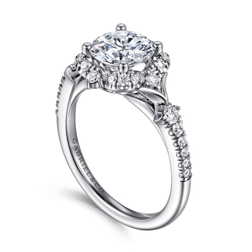 Unique 14K White Gold Vintage Inspired Round Halo Diamond Engagement Ring